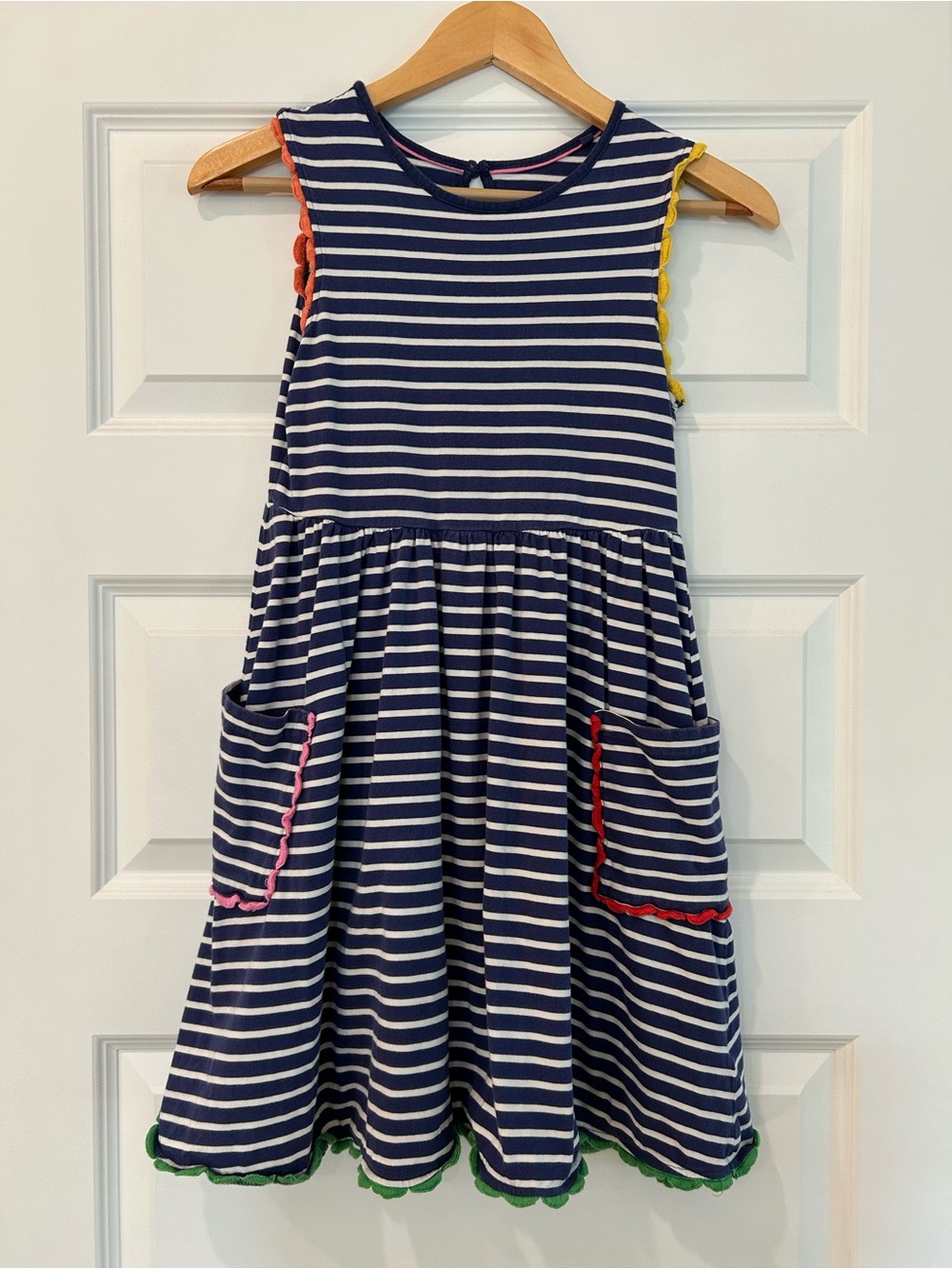 Mini Boden Navy and White Striped Dress with Multicolor Trim
